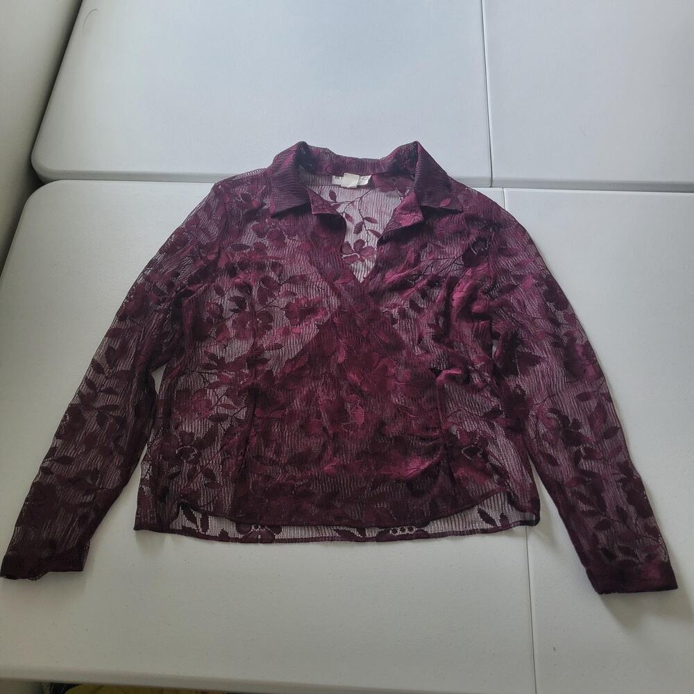 90s Whimsigoth Fairy Blouse Size18 Purple Sheer Lace Floral Collared Long Sleeve